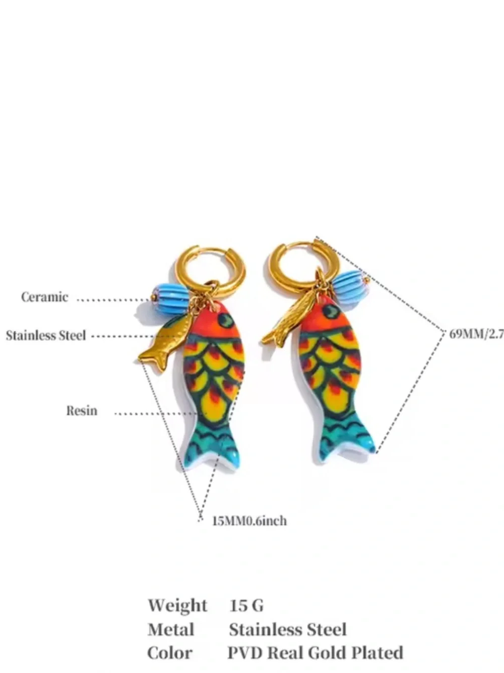 Amalfi Gold Fish Charm Blue Multicolor Ceramic Earrings